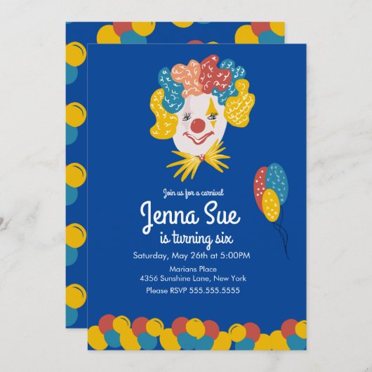 ピエロ手描きカーニバル誕生日招待状 招待状 (正面/裏面)