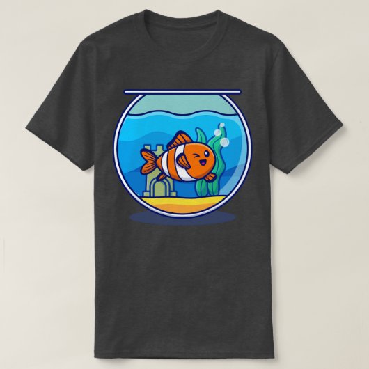 ピエロ魚が水族館の漫画で泳ぐ Tシャツ (デザイン正面)