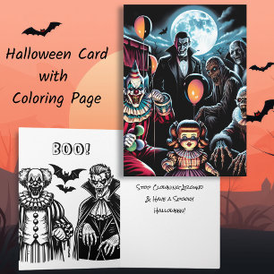 ピエロ、ヴァンパイア、ゾンビハロウィンカラーリングページ カード