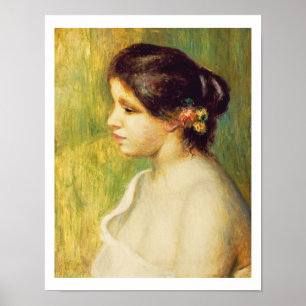 ピエール耳の花を持つルノアール の若い女性 ポスター