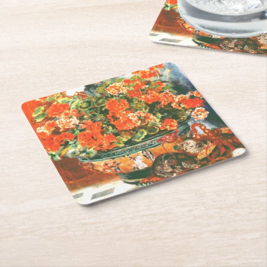 ピエール・オーギュストルノアール・ジェラニウムと猫 スクエアペーパーコースター (アングル)