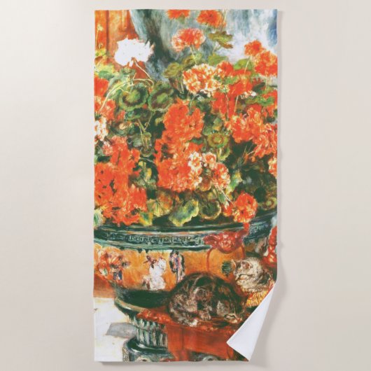 ピエール・オーギュストルノアール・ジェラニウムと猫 ビーチタオル (正面)