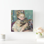 ピエール・オーギュストルノアール – 猫を飼った女性 スクエア壁時計 (ホーム)