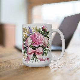 ピオニーの花束マグカップ、エレガントなフラワーモチーフのコーヒーカップ コーヒーマグカップ