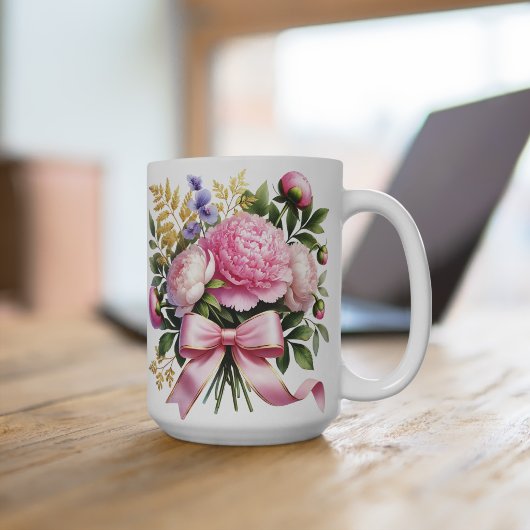 ピオニーの花束マグカップ、エレガントなフラワーモチーフのコーヒーカップ コーヒーマグカップ