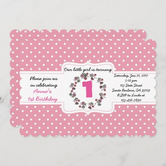 ピカスタムンク水玉模様第1誕生日招待状カード 招待状 (正面/裏面)