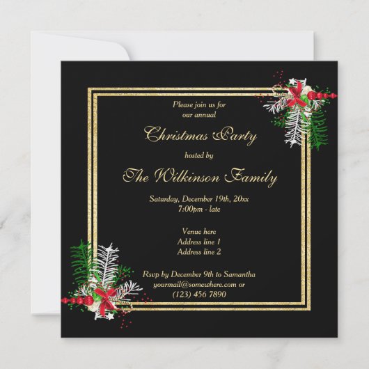 ピカピカの金ゴールドグリッターと角を飾るクリスマス 招待状 (正面)