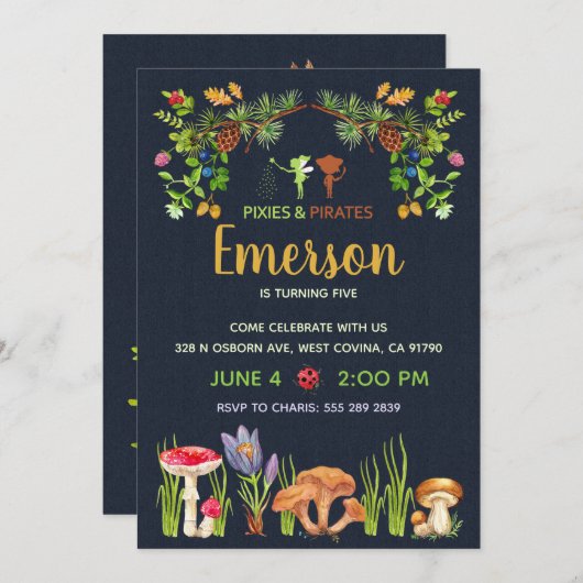 ピクシーズ·アンド·パイレーツ·フェアリー·ガーデン誕生パーティー 招待状 (正面/裏面)