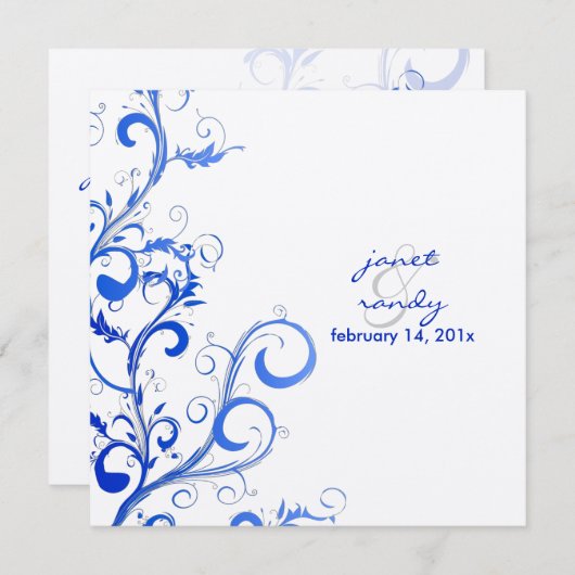 ピクシーデザインの花は、青とラベンダーの葉を纏い、渦巻くように咲き誇っている 招待状 (正面/裏面)