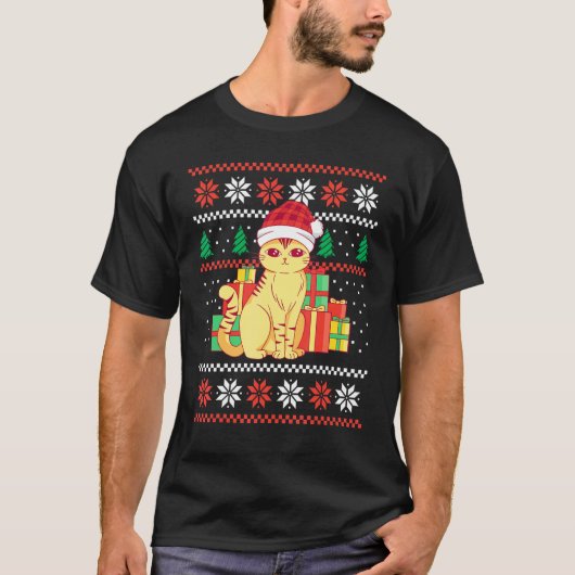 ピクシーハットをかぶった猫のクリスマスセーター Tシャツ (正面)