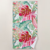 ピクスデジンのクリスマスレッドのトロピカルリーフ ビーチタオル (正面)