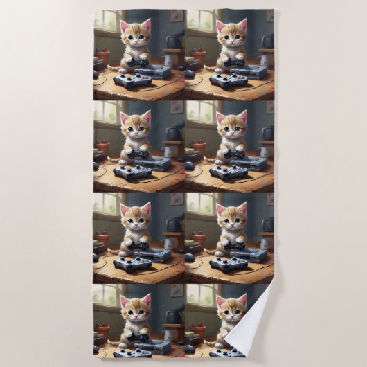 ピクセルの手：ゲーマーの子猫のアクション" ビーチタオル (正面)
