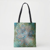 ピクセルの霧雨のテクスチャ上の光沢のある緑と青の花 トートバッグ (正面)