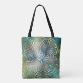 ピクセルの霧雨のテクスチャ上の光沢のある緑と青の花 トートバッグ (裏面)