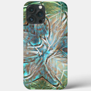 ピクセルの霧雨のテクスチャ上の光沢のある緑と青の花 iPhone 13 PRO MAXケース