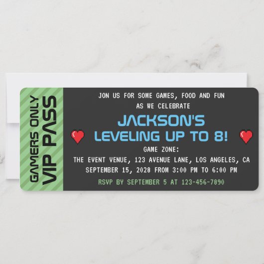 ピクセルアーケードビデオゲームコントローラ子供の誕生日 招待状 (裏面)