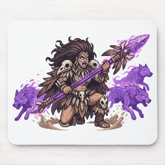ピクセルアートのシャーマン戦士と霊獣のファンタジー マウスパッド (正面)