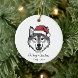 ピクセルアートのハスキー犬サンタ帽子 クリスマスギフト セラミックオーナメント