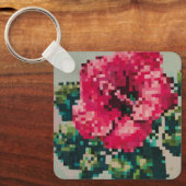 ピクセルアートのピンクのハイビスカスの花 キーホルダー (正面)