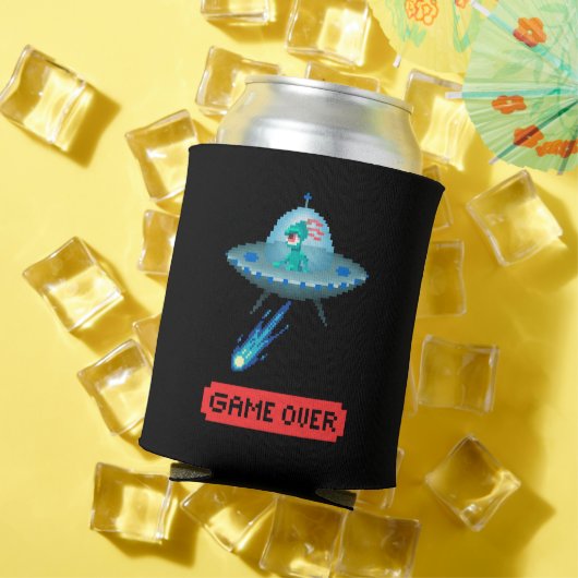 ピクセルアートの宇宙船 UFO エイリアン ゲームオーバー 缶クーラー (インサイチュ 夏)