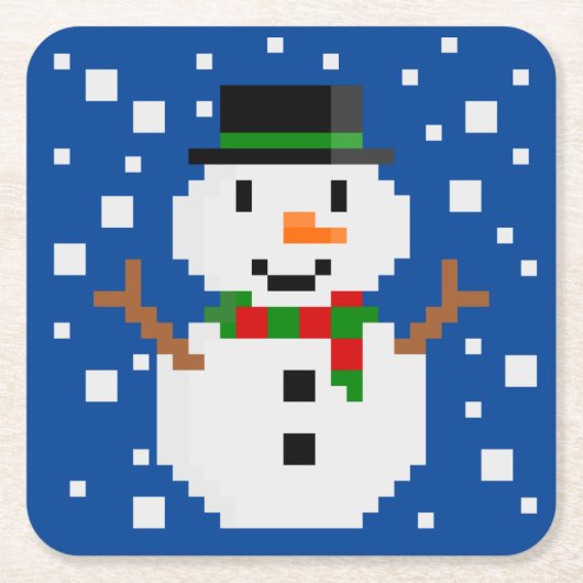 ピクセルアートの雪だるま1 スクエアペーパーコースター (正面)