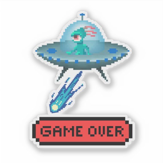 ピクセルアートの「ゲームオーバー」エイリアンUFO宇宙船 シール (正面)
