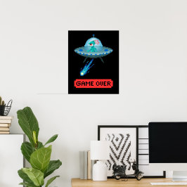 ピクセルアートの「ゲームオーバー」エイリアンUFO宇宙船 ポスター