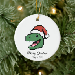 ピクセルアートのTレックス恐竜サンタ帽子 クリスマスギフト セラミックオーナメント