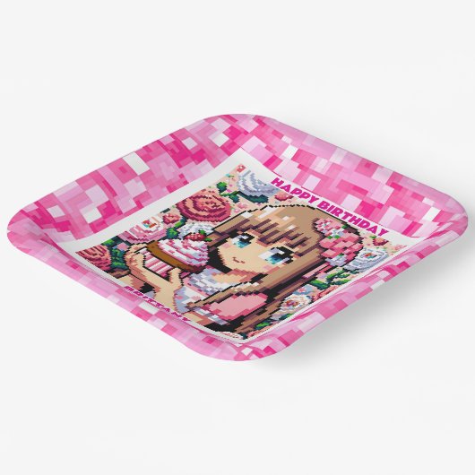 ピクセルアートガールズピンクの誕生日パーティーパーソナライズされた ペーパープレート (傾斜あり)