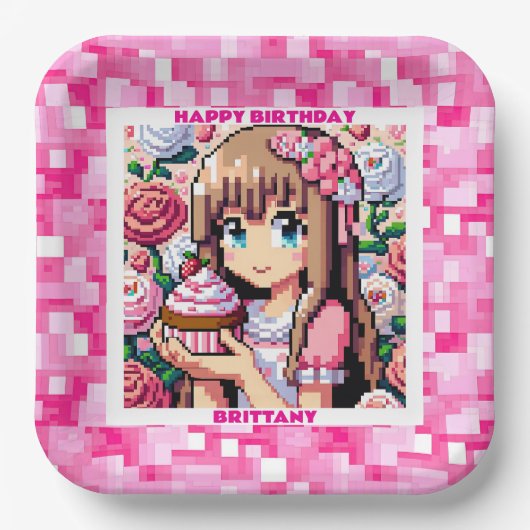 ピクセルアートガールズピンクの誕生日パーティーパーソナライズされた ペーパープレート (正面)