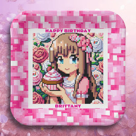 ピクセルアートガールズピンクの誕生日パーティーパーソナライズされた ペーパープレート