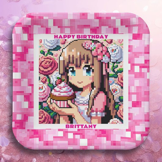 ピクセルアートガールズピンクの誕生日パーティーパーソナライズされた ペーパープレート