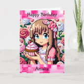 ピクセルアートガールズピンクの誕生日パーティー | カラーページ カード (正面)