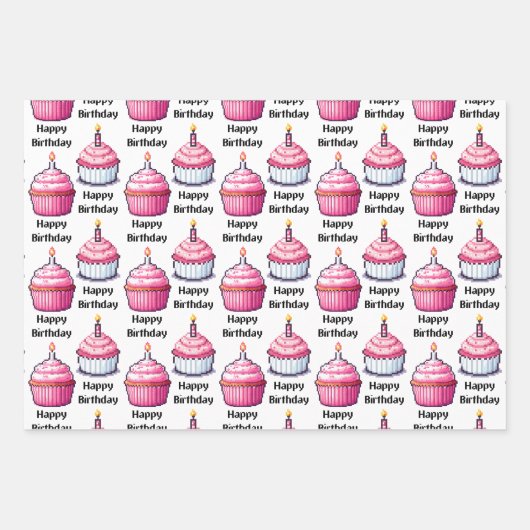 ピクセルアートガールズピンクの誕生日パーティー ラッピングペーパーシート (正面3)