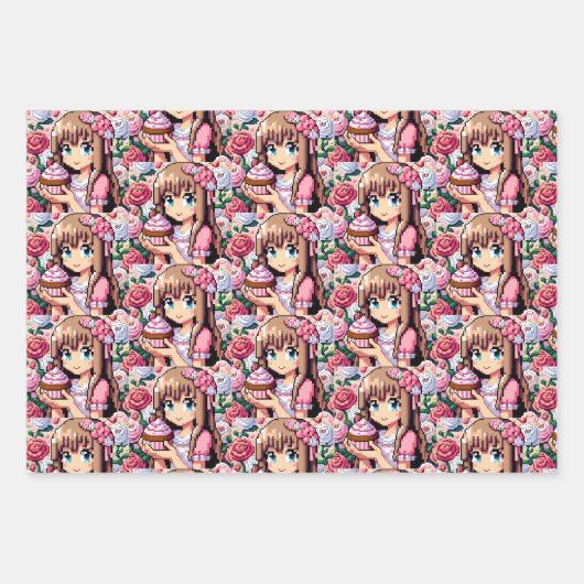 ピクセルアートガールズピンクの誕生日パーティー ラッピングペーパーシート (正面)