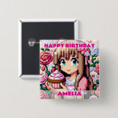 ピクセルアートガールズピンク誕生日ガールパーソナライズされた 缶バッジ (正面&裏面)