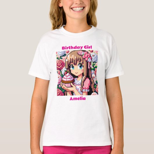 ピクセルアートガールズピンク誕生日ガールパーソナライズされた Tシャツ (正面)
