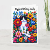 ピクセルアートキャッツと花パーソナライズされた誕生日 カード (正面)