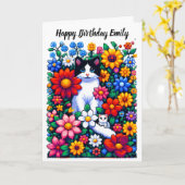 ピクセルアートキャッツと花パーソナライズされた誕生日 カード (黄色い花)