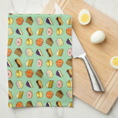 ピクセルアートケーキとペストリーパターン キッチンタオル (四つ折り)