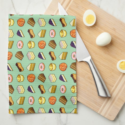 ピクセルアートケーキとペストリーパターン キッチンタオル (四つ折り)