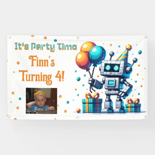 ピクセルアートロボット少年の誕生日パーティー 横断幕 (横)