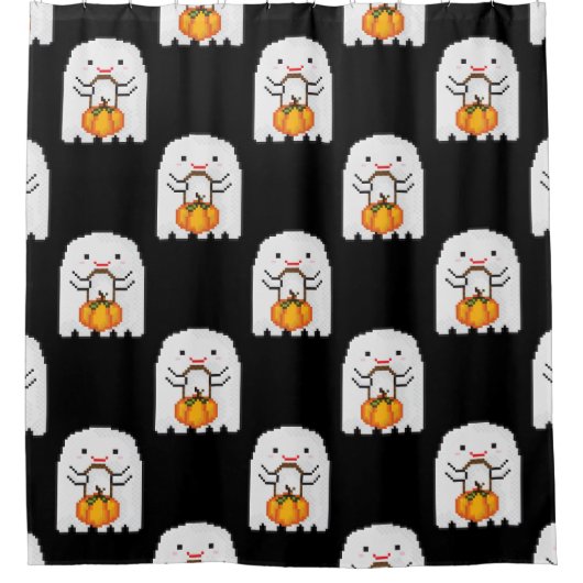 ピクセルアート幽霊:ハロウィンパターン シャワーカーテン (正面)