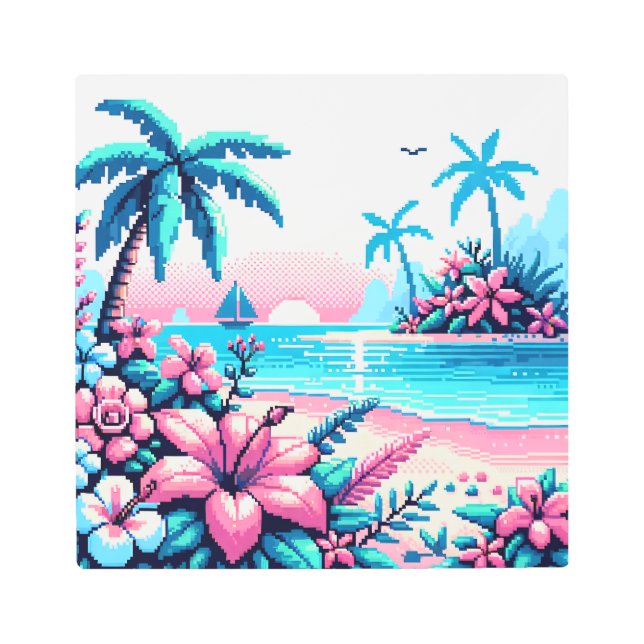 ピクセルアート海ピンクとブルーのトロピカルアート メタルプリント (正面)