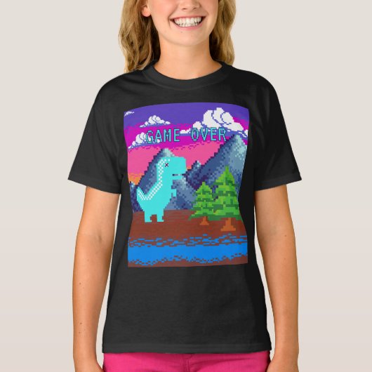 ピクセルアート風の面白い恐竜イラスト Tシャツ (正面)