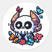 ピクセルアート、可愛い角のあるスカル楽しむザチョウ ラウンドシール (正面)