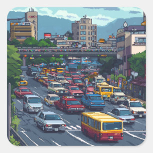 ピクセルアート 東京の渋滞のステッカー スクエアシール