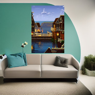 ピクセルアート、海の近くのアメリカの町 AI Art ポスター