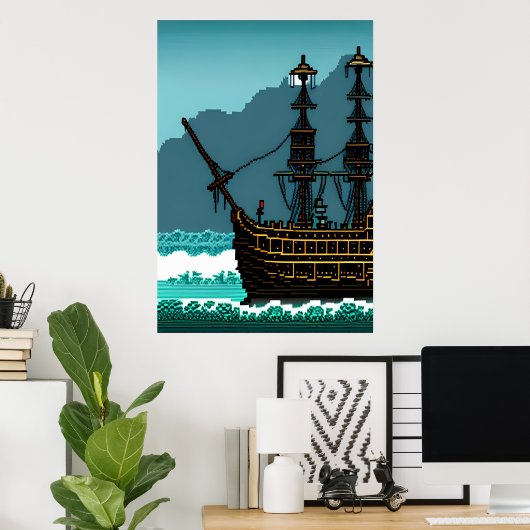 ピクセルアート、海上の帆船素晴らし | AI Art ポスター (ホームオフィス)