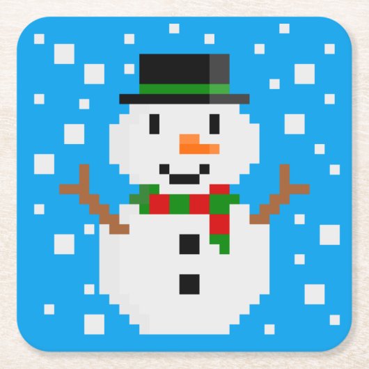ピクセルアート 雪だるま 3 スクエアペーパーコースター (正面)